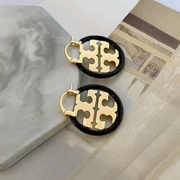 Tory Burch Gold and Black Hoop Earrings - Picture 3 of 5